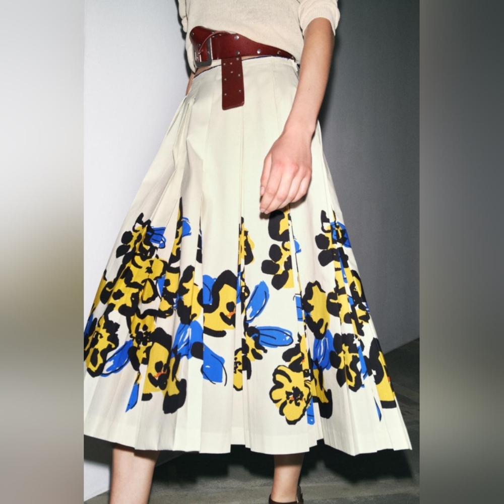 Zara Printed Pleated Midi Skirt Zw Collection Ecru/floral Blue Yellow BNWT - Picture 1 of 16